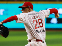 Jose Luis Bravo #28 of Diablos Rojos pitches the ball during match 1 against Sultanes de Monterrey of the Mexican Baseball League (LMB) Seri...