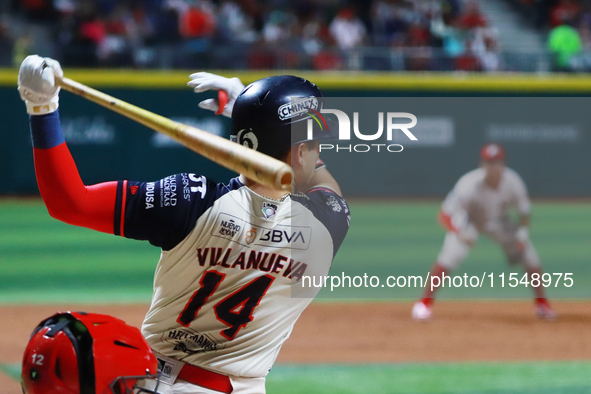 Christian Villanueva #14 of Sultanes de Monterrey bats during match 1 against Diablos Rojos of the Mexican Baseball League (LMB) Serie del R...