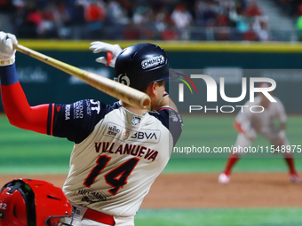 Christian Villanueva #14 of Sultanes de Monterrey bats during match 1 against Diablos Rojos of the Mexican Baseball League (LMB) Serie del R...