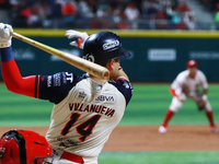 Christian Villanueva #14 of Sultanes de Monterrey bats during match 1 against Diablos Rojos of the Mexican Baseball League (LMB) Serie del R...