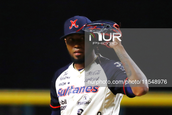 Julio Teheran #49 of Sultanes de Monterrey reacts before pitching the ball during match 1 against Diablos Rojos of the Mexican Baseball Leag...