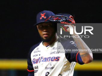 Julio Teheran #49 of Sultanes de Monterrey reacts before pitching the ball during match 1 against Diablos Rojos of the Mexican Baseball Leag...