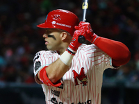 Jose Marmolejos #46 of Diablos Rojos bats during match 1 against Sultanes de Monterrey of the Mexican Baseball League (LMB) Serie del Rey at...