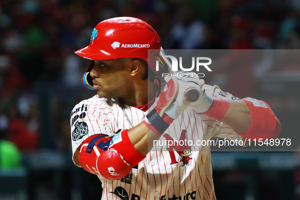 Robinson Cano #22 of Diablos Rojos is at bat during match 1 against Sultanes de Monterrey of the Mexican Baseball League (LMB) Serie del Rey...