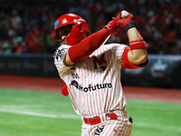 Franklin Barreto #43 of Diablos Rojos bats during match 1 against Sultanes de Monterrey of the Mexican Baseball League (LMB) Serie del Rey a...