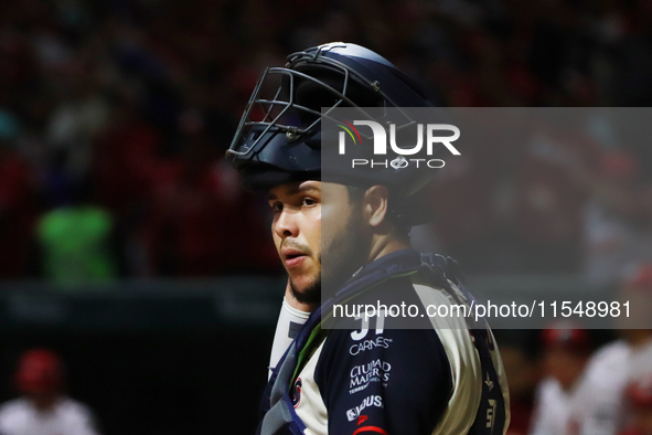 Carlos Soto, #8 catcher of Sultanes de Monterrey, reacts during match 1 against Diablos Rojos of the Mexican Baseball League (LMB) Serie del...