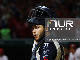 Carlos Soto, #8 catcher of Sultanes de Monterrey, reacts during match 1 against Diablos Rojos of the Mexican Baseball League (LMB) Serie del...