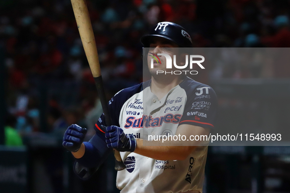 Roberto Valenzuela #30 of Sultanes de Monterrey bats during match 1 against Diablos Rojos of the Mexican Baseball League (LMB) Serie del Rey...