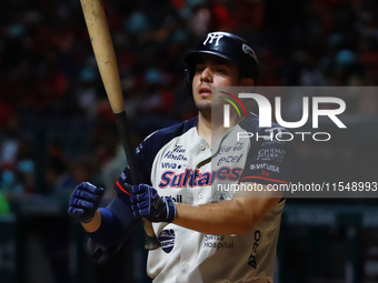 Roberto Valenzuela #30 of Sultanes de Monterrey bats during match 1 against Diablos Rojos of the Mexican Baseball League (LMB) Serie del Rey...