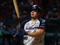 Roberto Valenzuela #30 of Sultanes de Monterrey bats during match 1 against Diablos Rojos of the Mexican Baseball League (LMB) Serie del Rey...