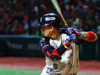 Ramiro Pena #19 of Sultanes de Monterrey bats during match 1 against Diablos Rojos of the Mexican Baseball League (LMB) Serie del Rey at the...