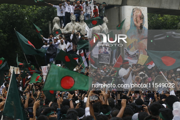 Activists of the Anti-Discrimination Student Movement participate in a rally to mark one month since the ousting of Bangladesh's former Prim...