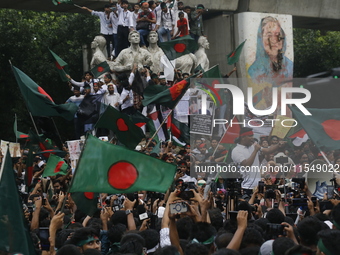 Activists of the Anti-Discrimination Student Movement participate in a rally to mark one month since the ousting of Bangladesh's former Prim...