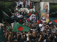 Activists of the Anti-Discrimination Student Movement participate in a rally to mark one month since the ousting of Bangladesh's former Prim...