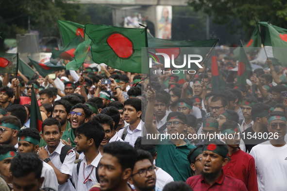 Anti-Discrimination Student Movement holds a rally to mark one month since the ousting of Bangladesh's former Prime Minister Sheikh Hasina,...