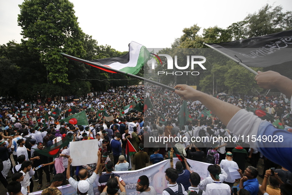 Activists of the Anti-Discrimination Student Movement participate in a rally to mark one month since the ousting of Bangladesh's former Prim...