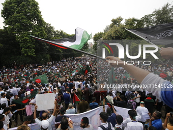 Activists of the Anti-Discrimination Student Movement participate in a rally to mark one month since the ousting of Bangladesh's former Prim...