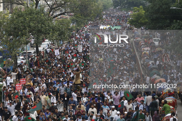 Anti-Discrimination Student Movement holds a rally to mark one month since the ousting of Bangladesh's former Prime Minister Sheikh Hasina,...