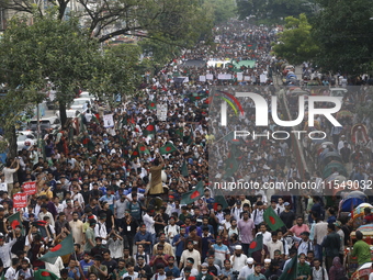 Anti-Discrimination Student Movement holds a rally to mark one month since the ousting of Bangladesh's former Prime Minister Sheikh Hasina,...