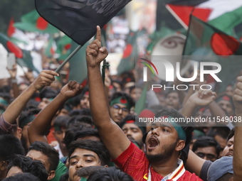 Anti-Discrimination Student Movement holds a rally to mark one month since the ousting of Bangladesh's former Prime Minister Sheikh Hasina,...