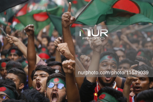 Anti-Discrimination Student Movement holds a rally to mark one month since the ousting of Bangladesh's former Prime Minister Sheikh Hasina,...