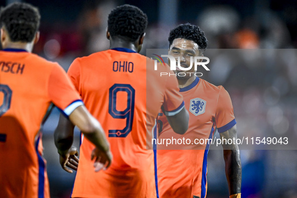 Netherlands player Noah Ohio and Netherlands player Ian Maatsen celebrate the 2-0 goal during the Netherlands vs. North Macedonia match at t...