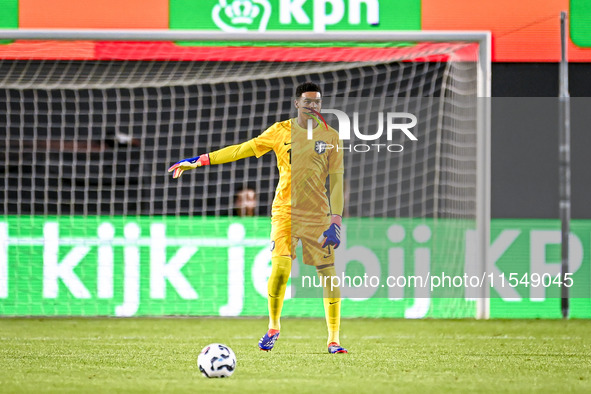 Netherlands goalkeeper Rome-Jayden Owusu-Oduro plays during the match between the Netherlands and North Macedonia at the Yanmar Stadium for...