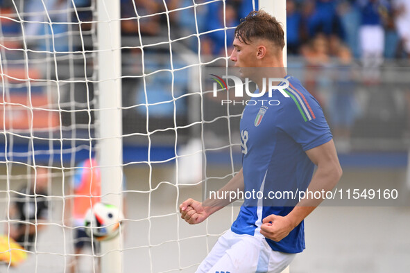 Pio Esposito (ITA) celebrates after scoring the goal of 3-0 during the UEFA U21 Euro 2025 Qualifier match between Italy and San Marino at th...