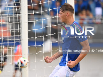 Pio Esposito (ITA) celebrates after scoring the goal of 3-0 during the UEFA U21 Euro 2025 Qualifier match between Italy and San Marino at th...