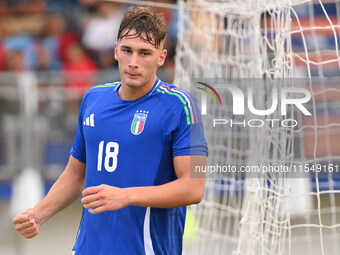 Pio Esposito (ITA) celebrates after scoring the goal of 3-0 during the UEFA U21 Euro 2025 Qualifier match between Italy and San Marino at th...