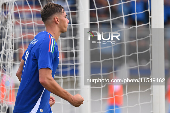 Pio Esposito (ITA) celebrates after scoring the goal of 3-0 during the UEFA U21 Euro 2025 Qualifier match between Italy and San Marino at th...