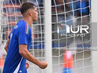 Pio Esposito (ITA) celebrates after scoring the goal of 3-0 during the UEFA U21 Euro 2025 Qualifier match between Italy and San Marino at th...