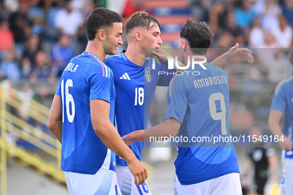 Pio Esposito (ITA) celebrates after scoring the goal of 3-0 during the UEFA U21 Euro 2025 Qualifier match between Italy and San Marino at th...