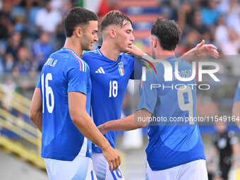 Pio Esposito (ITA) celebrates after scoring the goal of 3-0 during the UEFA U21 Euro 2025 Qualifier match between Italy and San Marino at th...