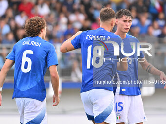 Pio Esposito (ITA) celebrates after scoring the goal of 3-0 during the UEFA U21 Euro 2025 Qualifier match between Italy and San Marino at th...