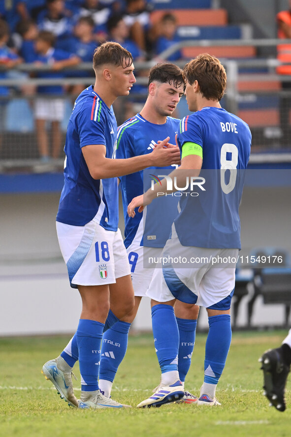 Pio Esposito (ITA) celebrates after scoring the goal of 4-0 during the UEFA U21 Euro 2025 Qualifier match between Italy and San Marino at th...