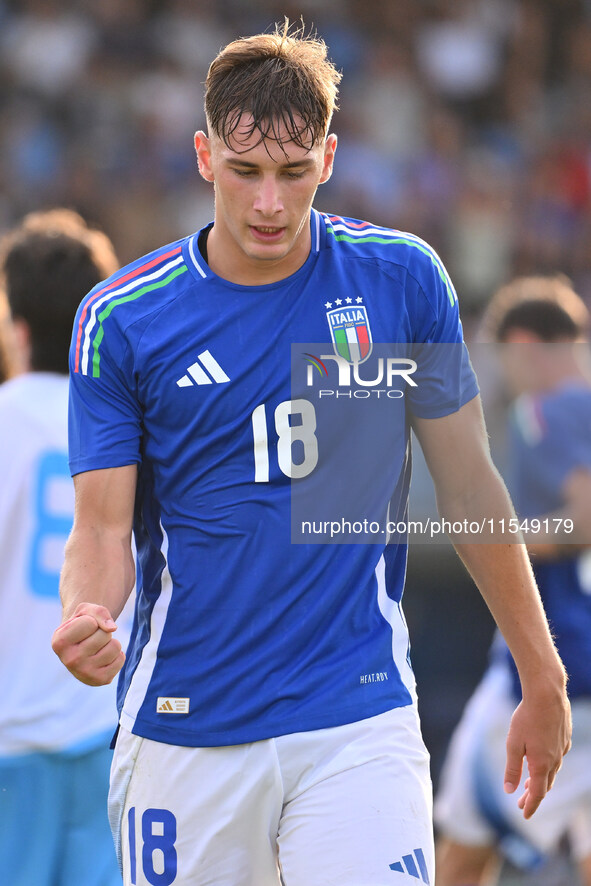 Pio Esposito (ITA) celebrates after scoring the goal of 5-0 during the UEFA U21 Euro 2025 Qualifier match between Italy and San Marino at th...