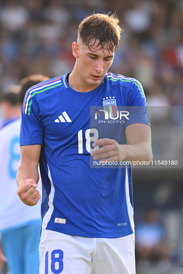 Pio Esposito (ITA) celebrates after scoring the goal of 5-0 during the UEFA U21 Euro 2025 Qualifier match between Italy and San Marino at th...