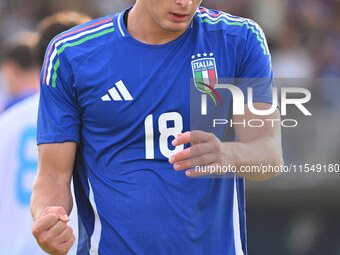 Pio Esposito (ITA) celebrates after scoring the goal of 5-0 during the UEFA U21 Euro 2025 Qualifier match between Italy and San Marino at th...