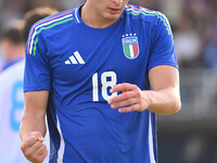 Pio Esposito (ITA) celebrates after scoring the goal of 5-0 during the UEFA U21 Euro 2025 Qualifier match between Italy and San Marino at th...