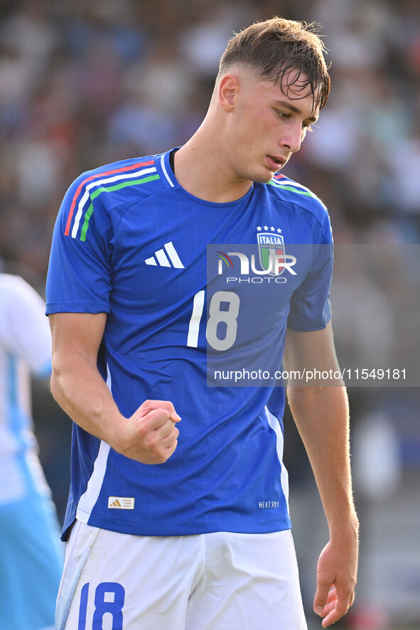 Pio Esposito (ITA) celebrates after scoring the goal of 5-0 during the UEFA U21 Euro 2025 Qualifier match between Italy and San Marino at th...