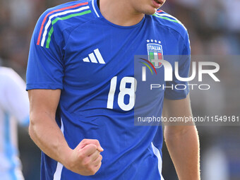 Pio Esposito (ITA) celebrates after scoring the goal of 5-0 during the UEFA U21 Euro 2025 Qualifier match between Italy and San Marino at th...