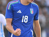 Pio Esposito (ITA) celebrates after scoring the goal of 5-0 during the UEFA U21 Euro 2025 Qualifier match between Italy and San Marino at th...