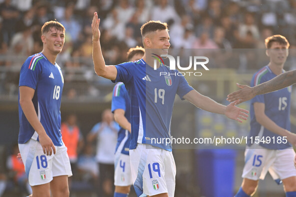 Antonio Raimondo (ITA) celebrates after scoring the goal of 6-0 during the UEFA U21 Euro 2025 Qualifier match between Italy and San Marino a...