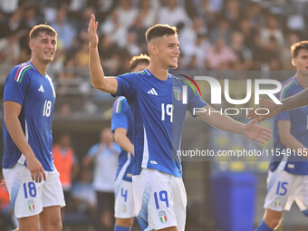 Antonio Raimondo (ITA) celebrates after scoring the goal of 6-0 during the UEFA U21 Euro 2025 Qualifier match between Italy and San Marino a...