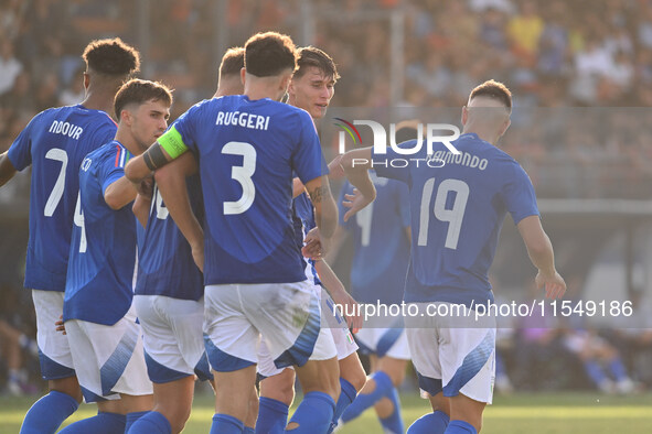 Antonio Raimondo (ITA) celebrates after scoring the goal of 6-0 during the UEFA U21 Euro 2025 Qualifier match between Italy and San Marino a...