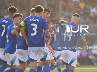 Antonio Raimondo (ITA) celebrates after scoring the goal of 6-0 during the UEFA U21 Euro 2025 Qualifier match between Italy and San Marino a...