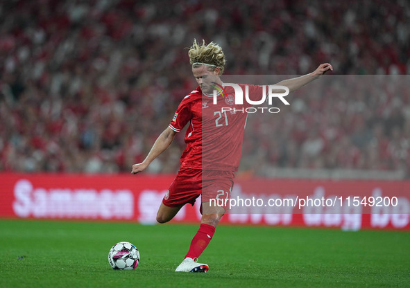 Morten Hjulmand of Denmark shoots on goal during the UEFA Nations League 2024/2025 League A - Group 4 match between Denmark and Switzerland...