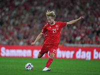 Morten Hjulmand of Denmark shoots on goal during the UEFA Nations League 2024/2025 League A - Group 4 match between Denmark and Switzerland...