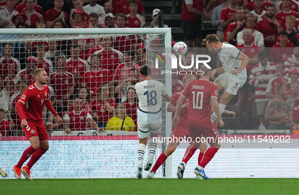 Silvan Widmer of Switzerland heads during the UEFA Nations League 2024/2025 League A - Group 4 match between Denmark and Switzerland at Park...